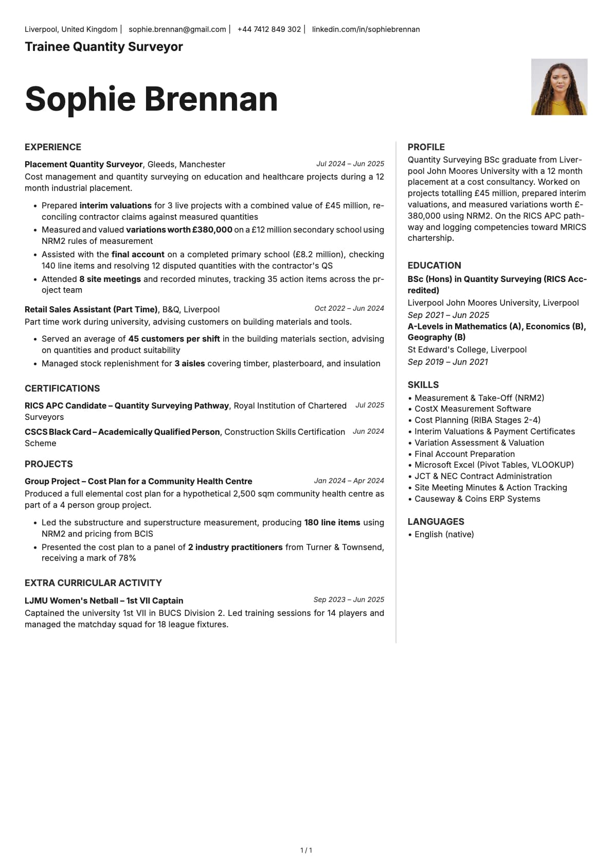 Trainee Quantity Surveyor resume example