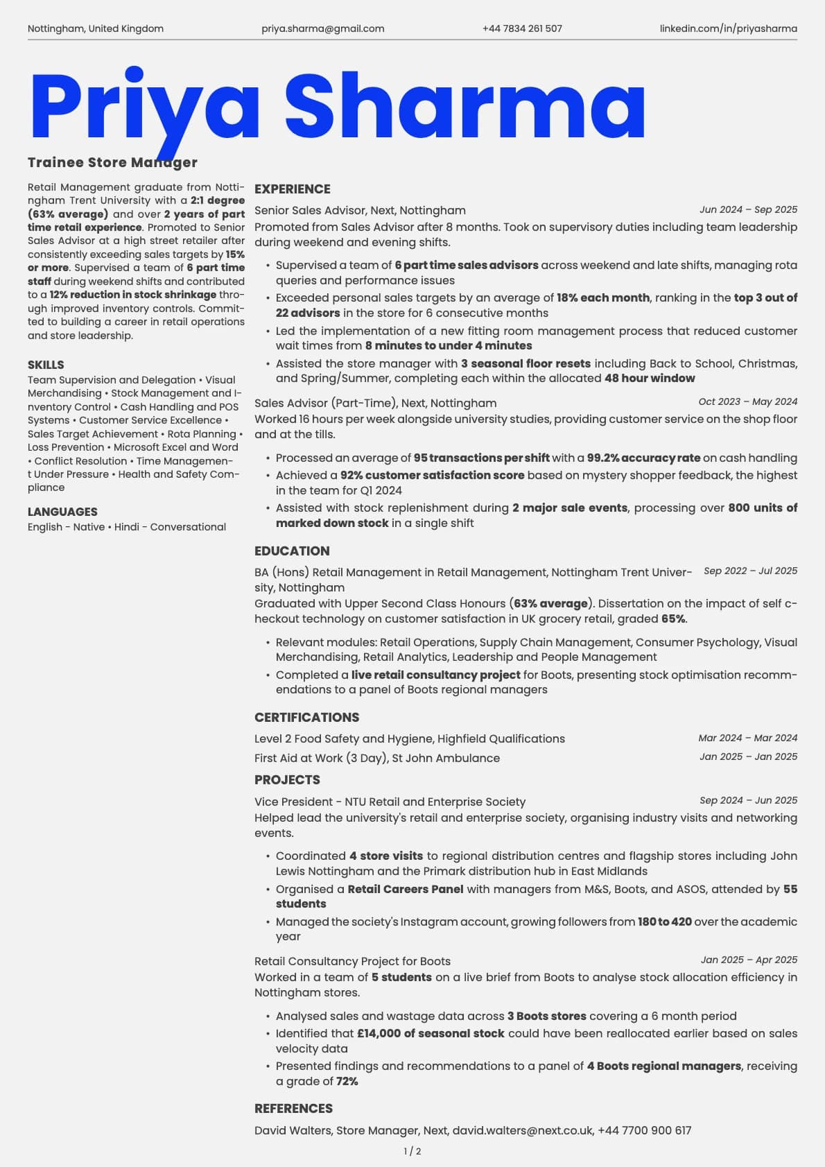 Trainee Store Manager resume example