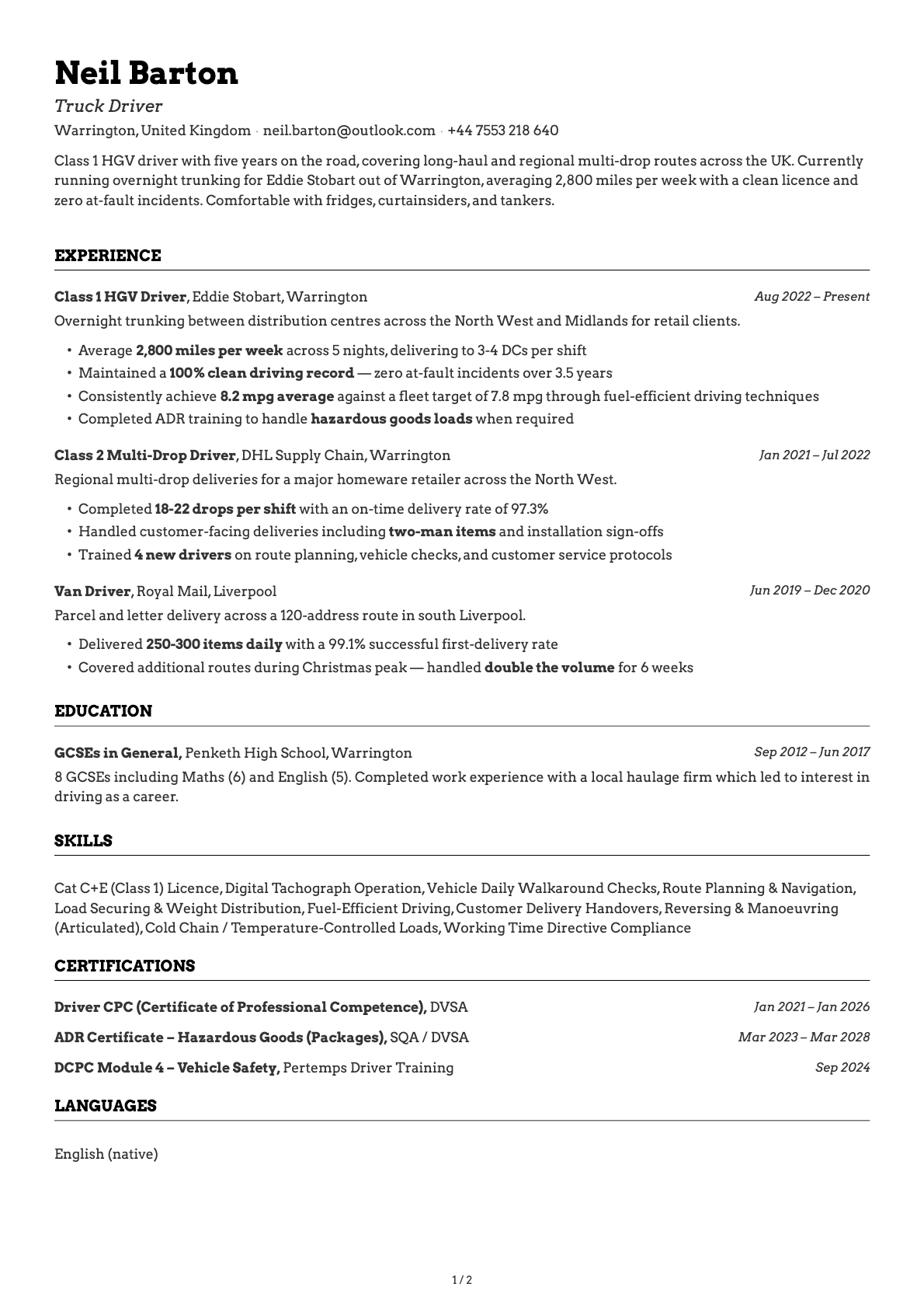 Truck Driver resume example