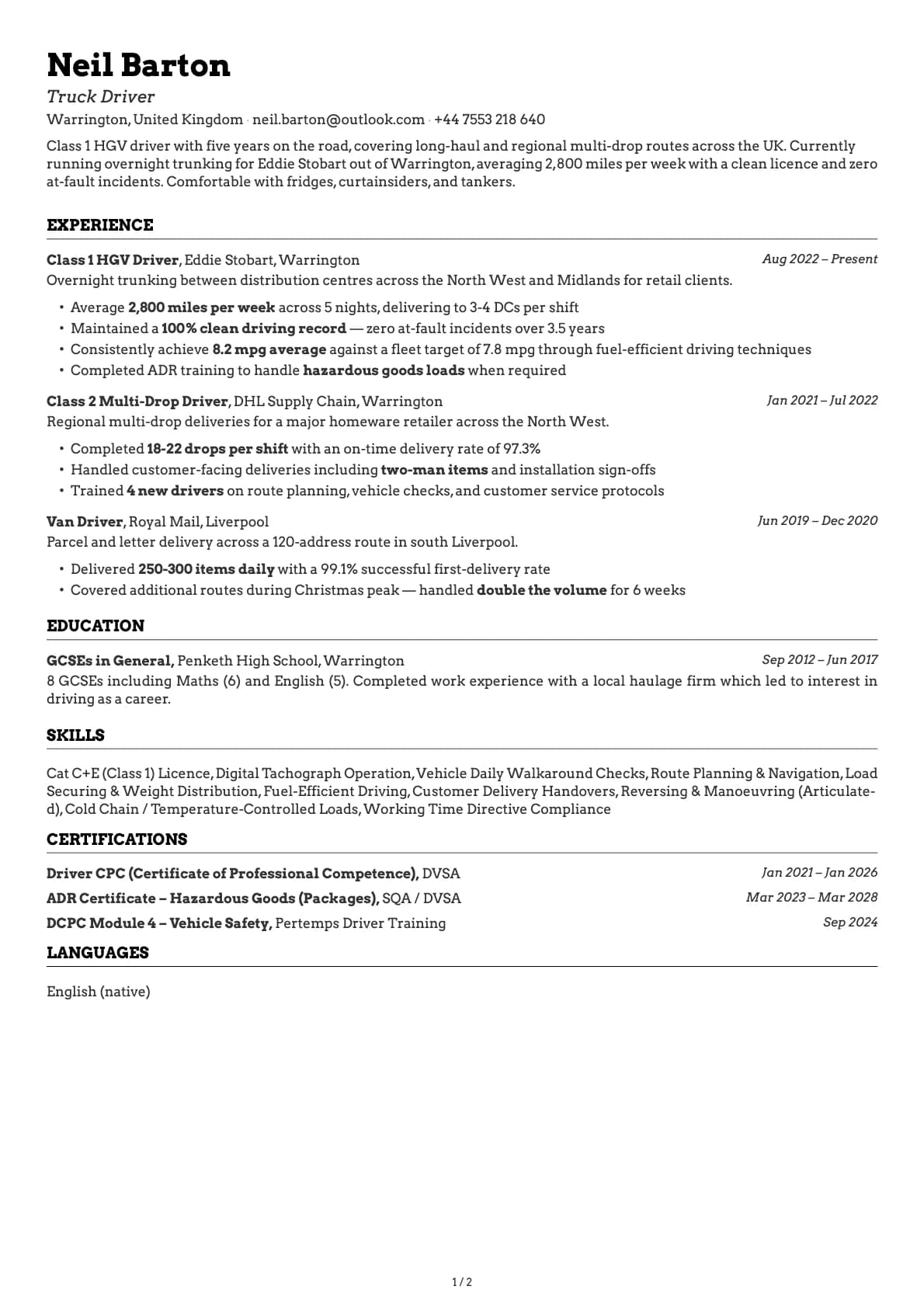 Truck Driver resume example