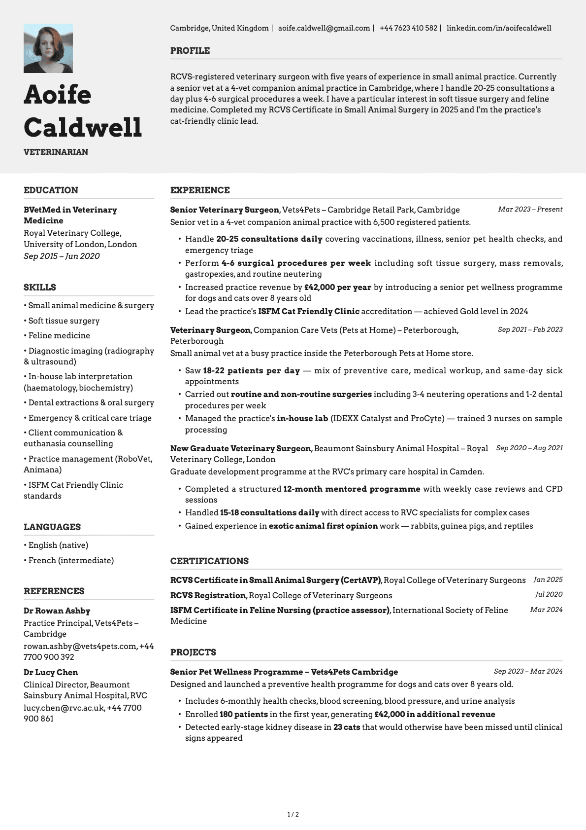 Veterinarian resume example