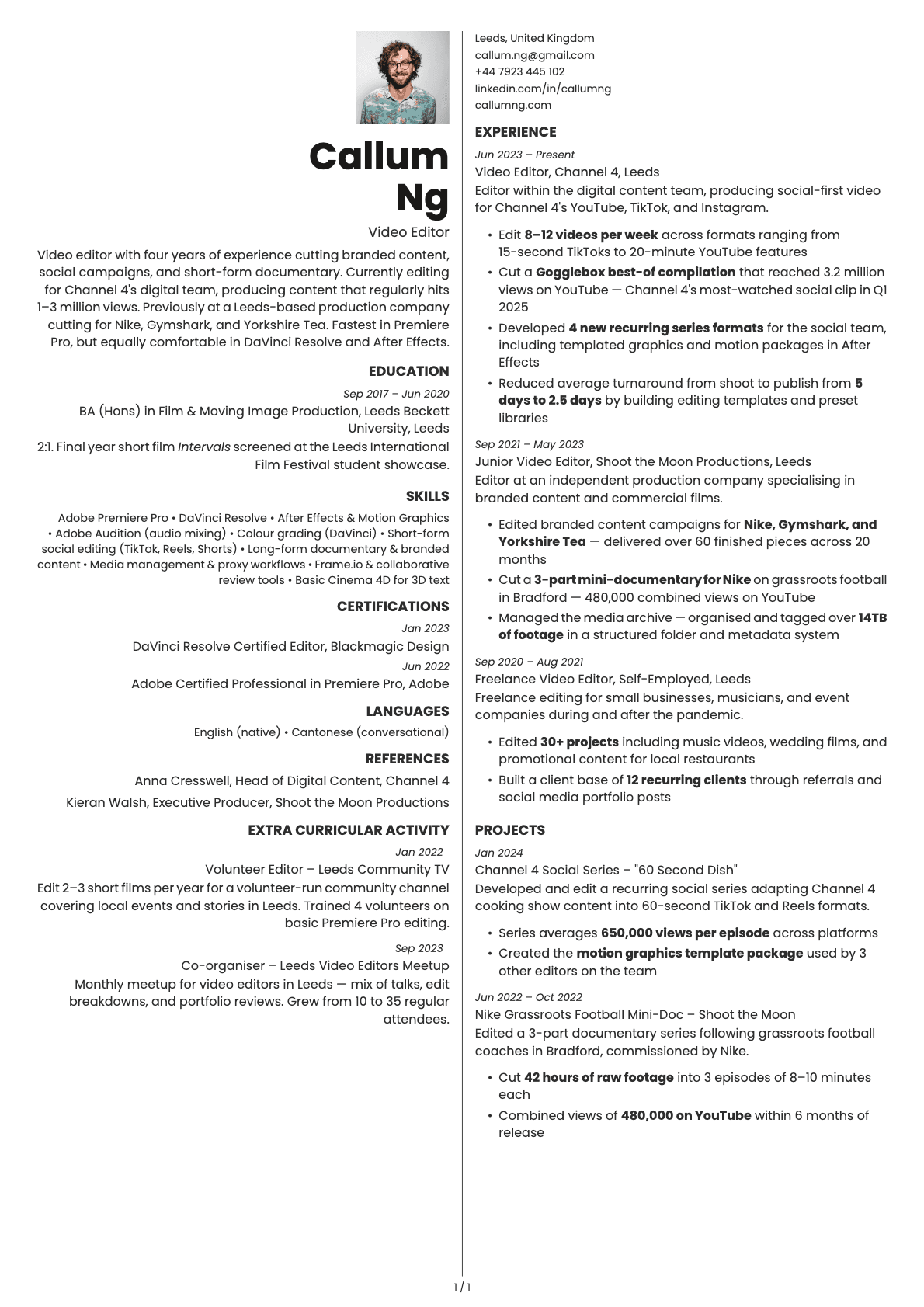 Video Editor resume example
