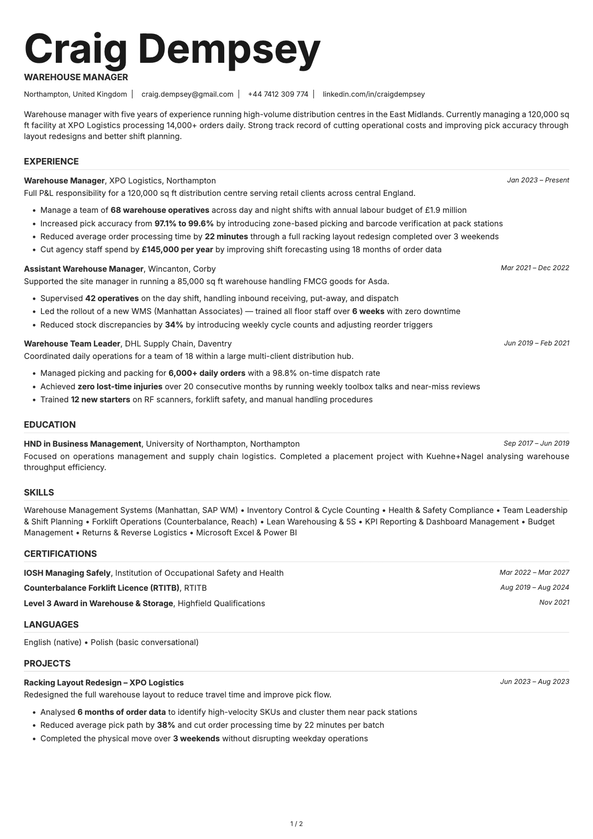 Warehouse Manager resume example