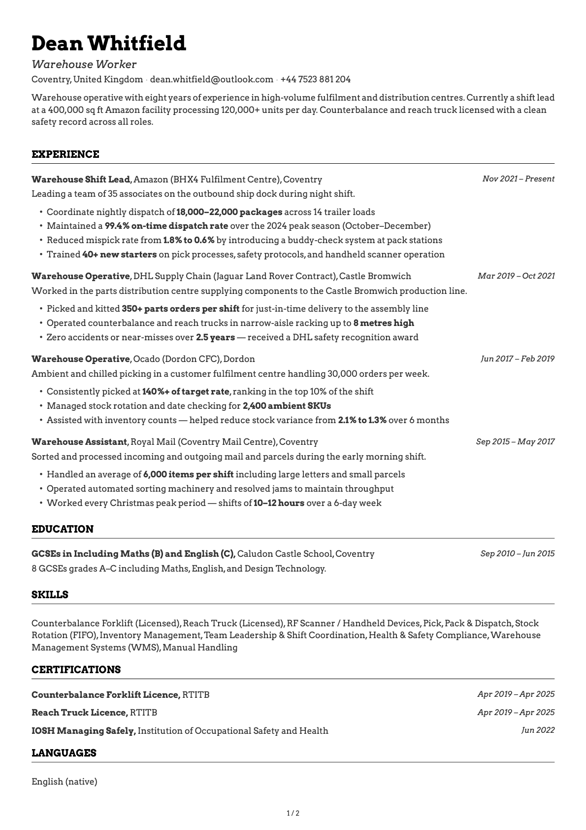 Warehouse Worker resume example