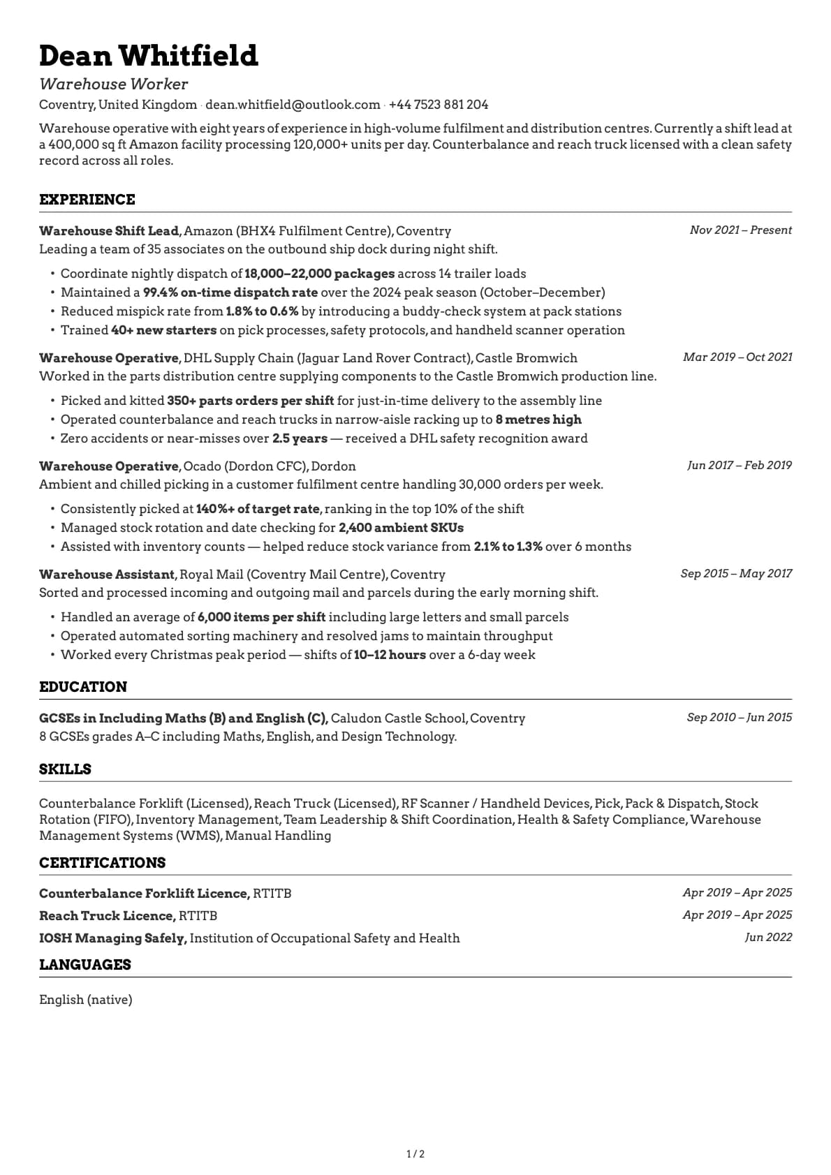 Warehouse Worker resume example