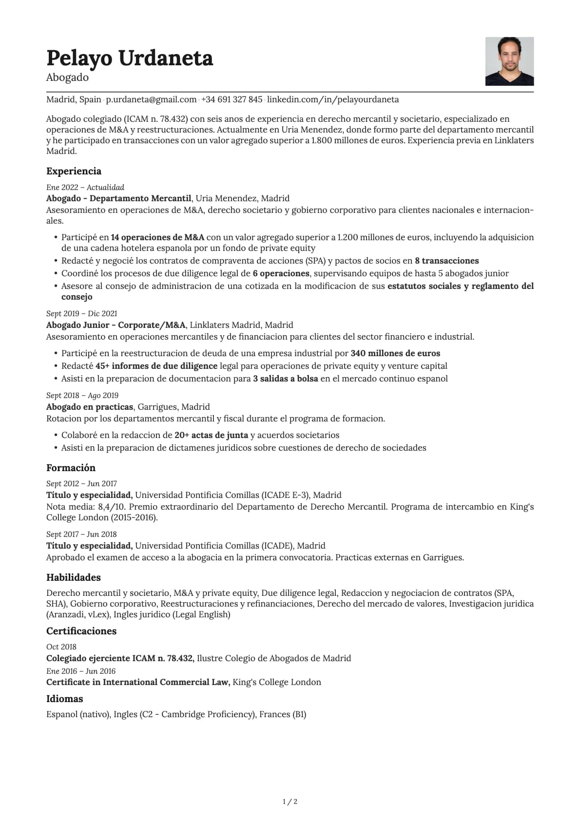 Abogado/a resume example