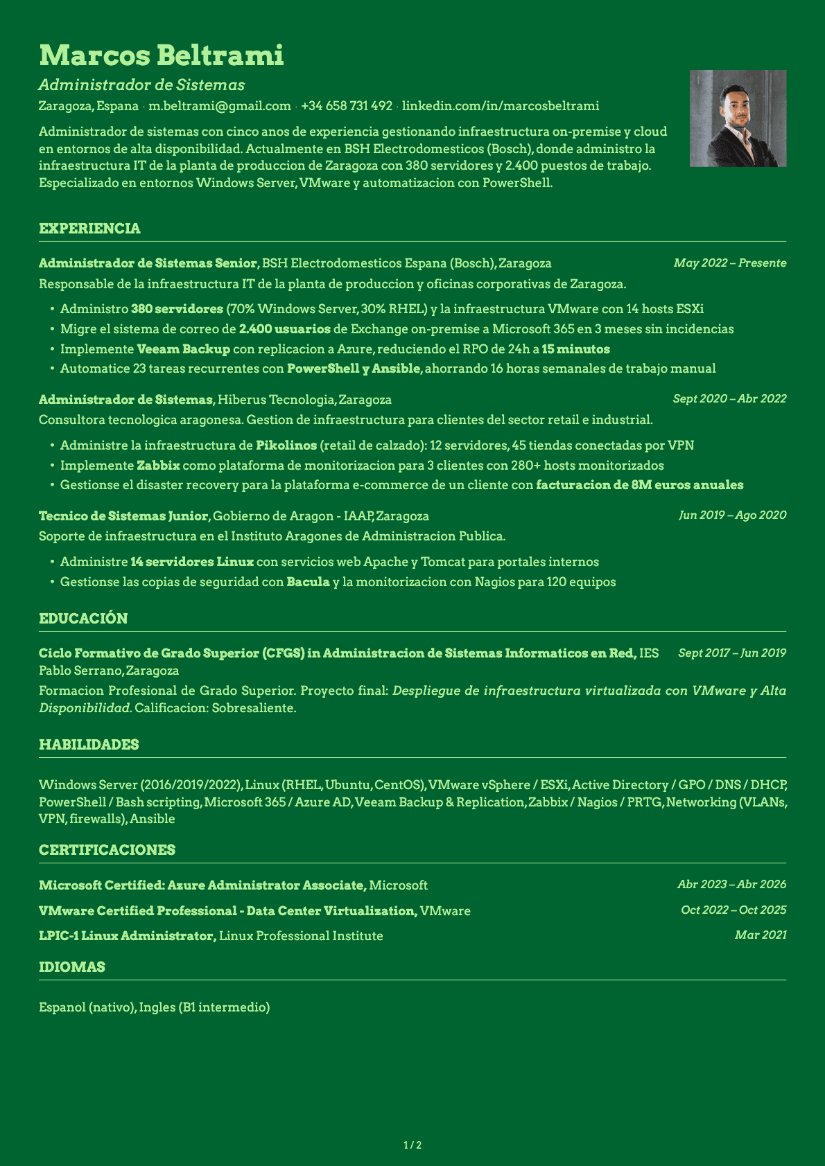 Administrador de Sistemas resume example