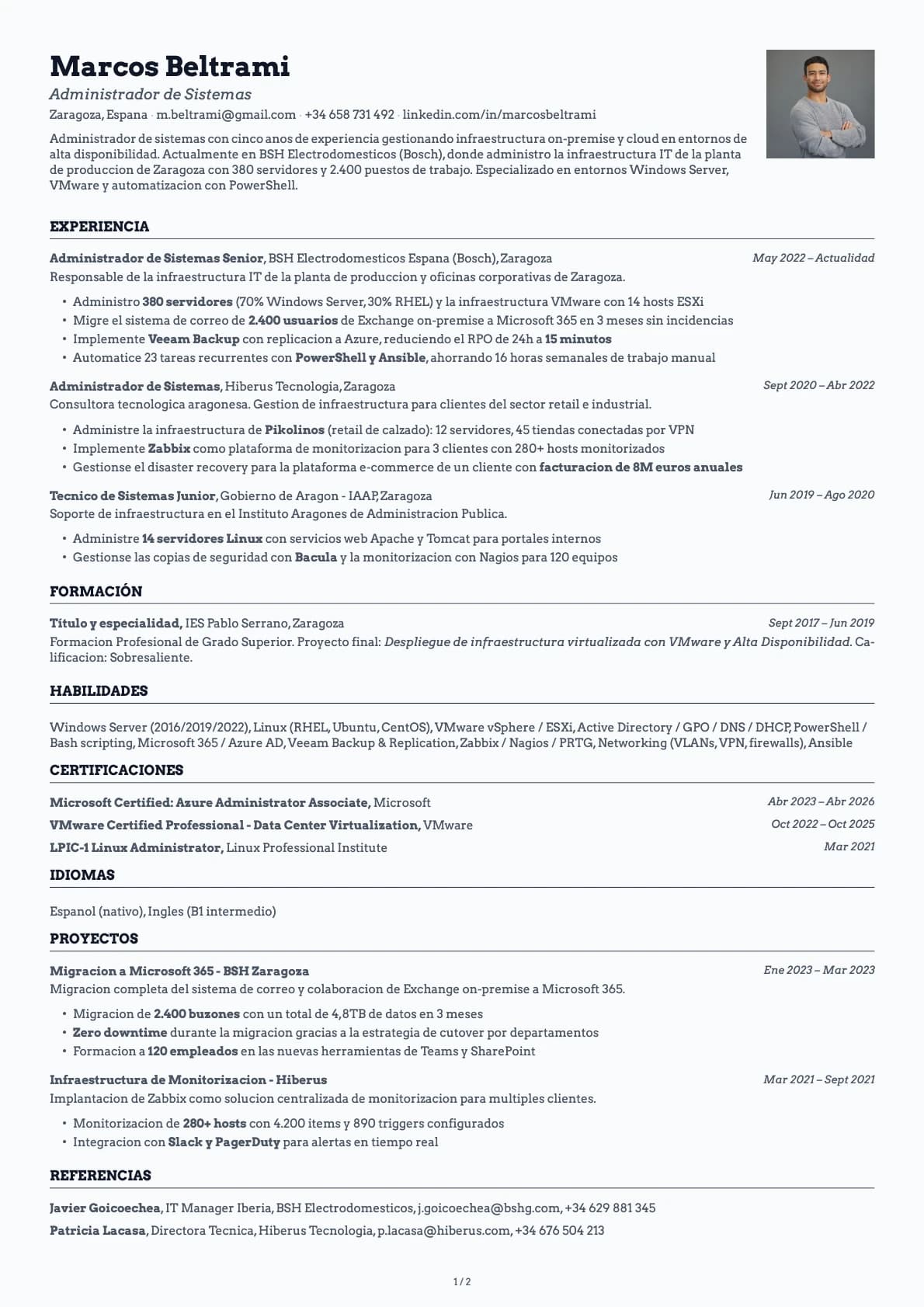 Administrador de Sistemas resume example