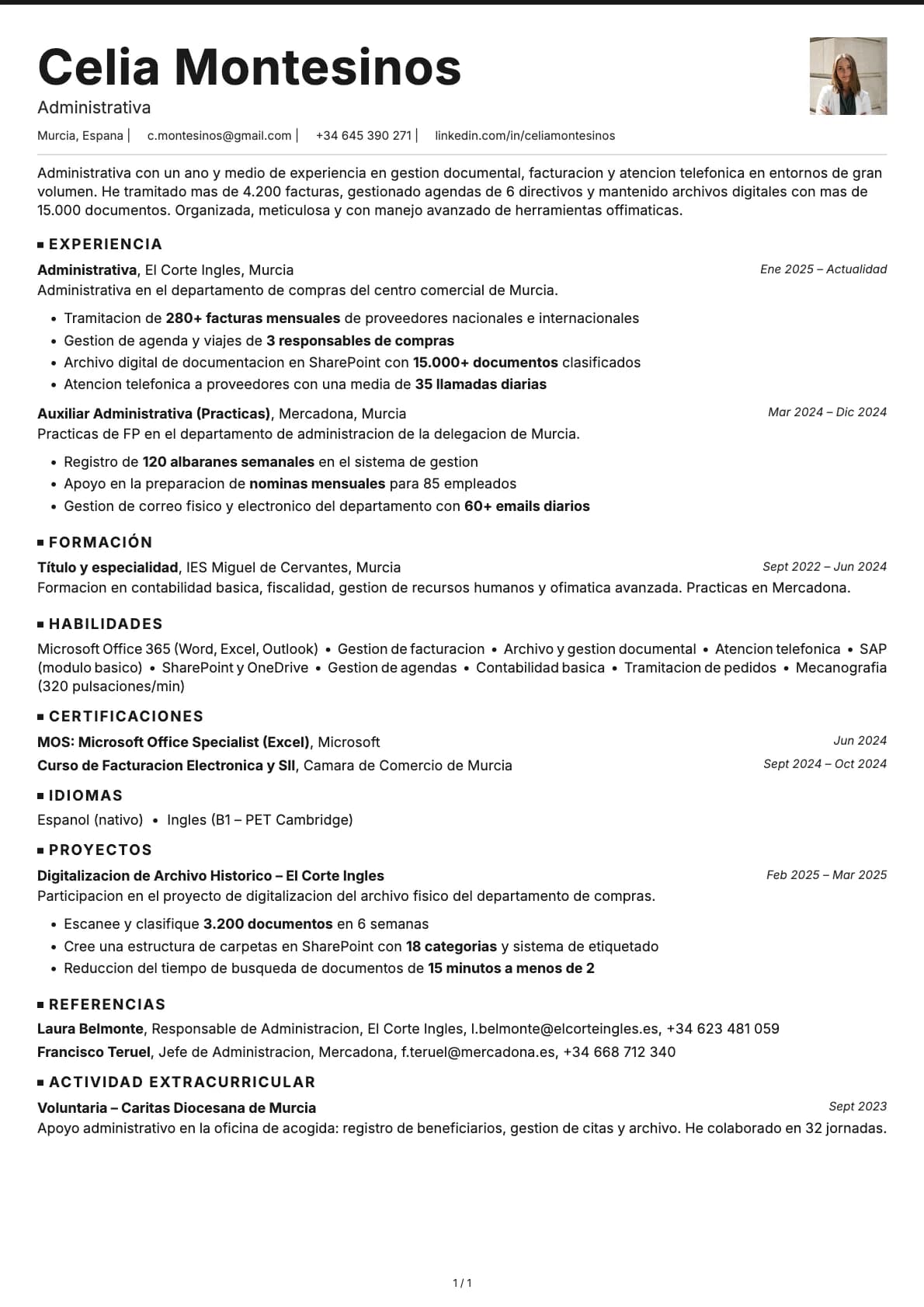 Administrativo/a resume example