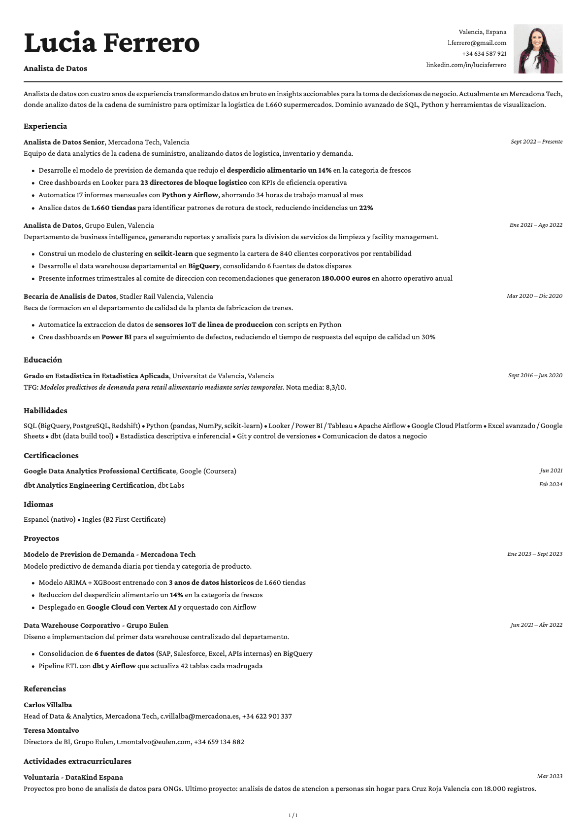 Analista de Datos resume example