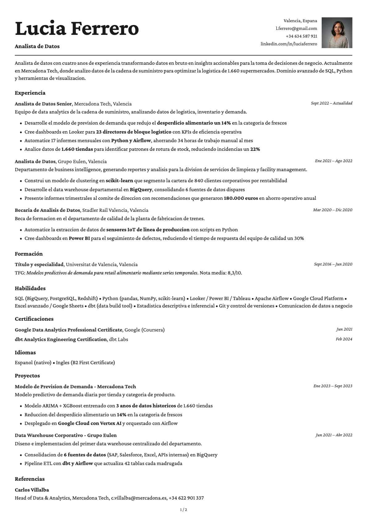Analista de Datos resume example