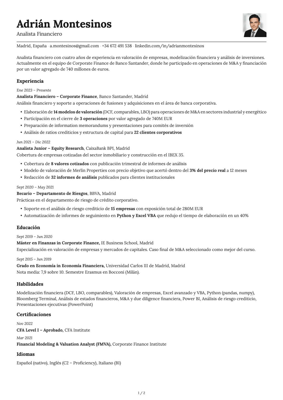 Analista Financiero resume example