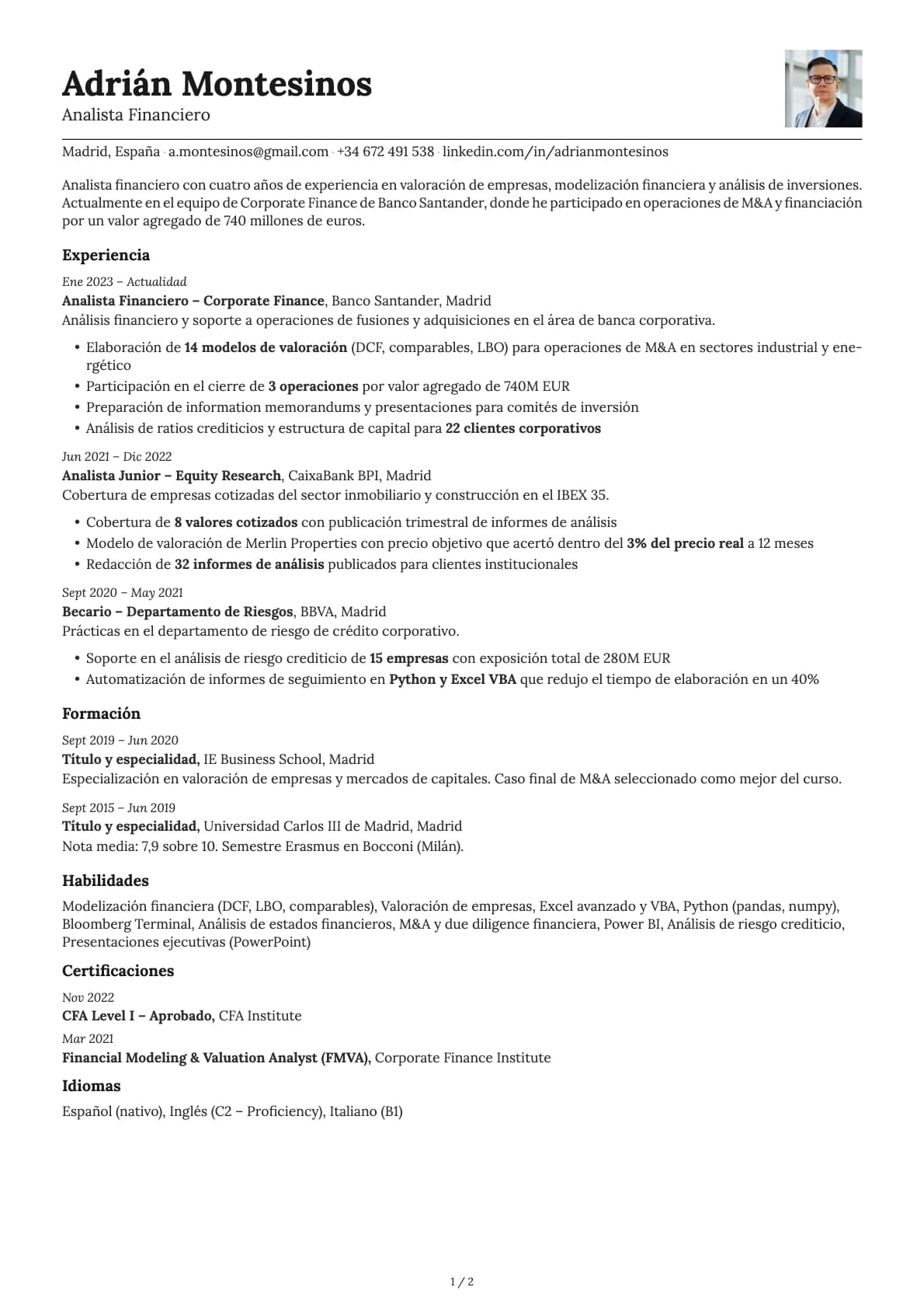 Analista Financiero resume example