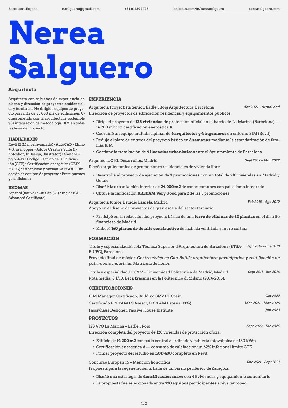 Arquitecto resume example