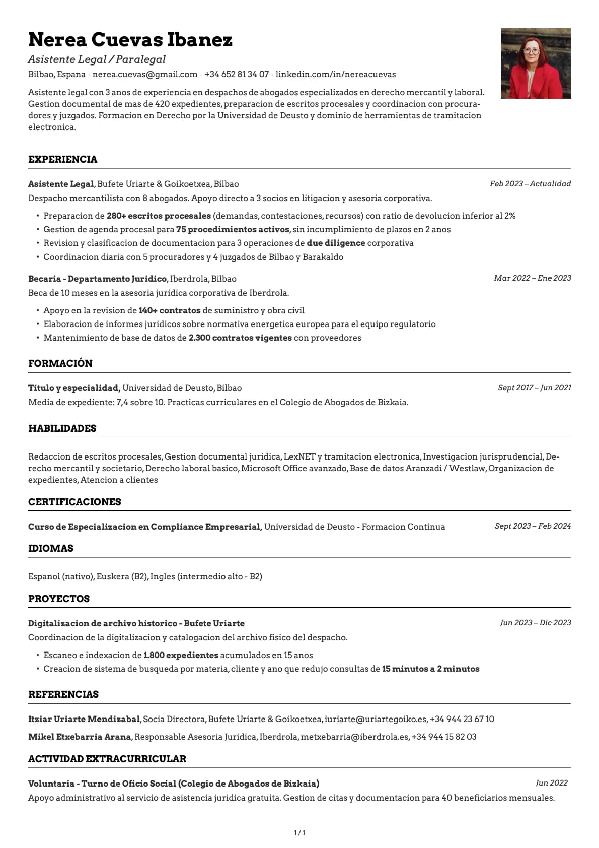 Asistente Legal / Paralegal resume example