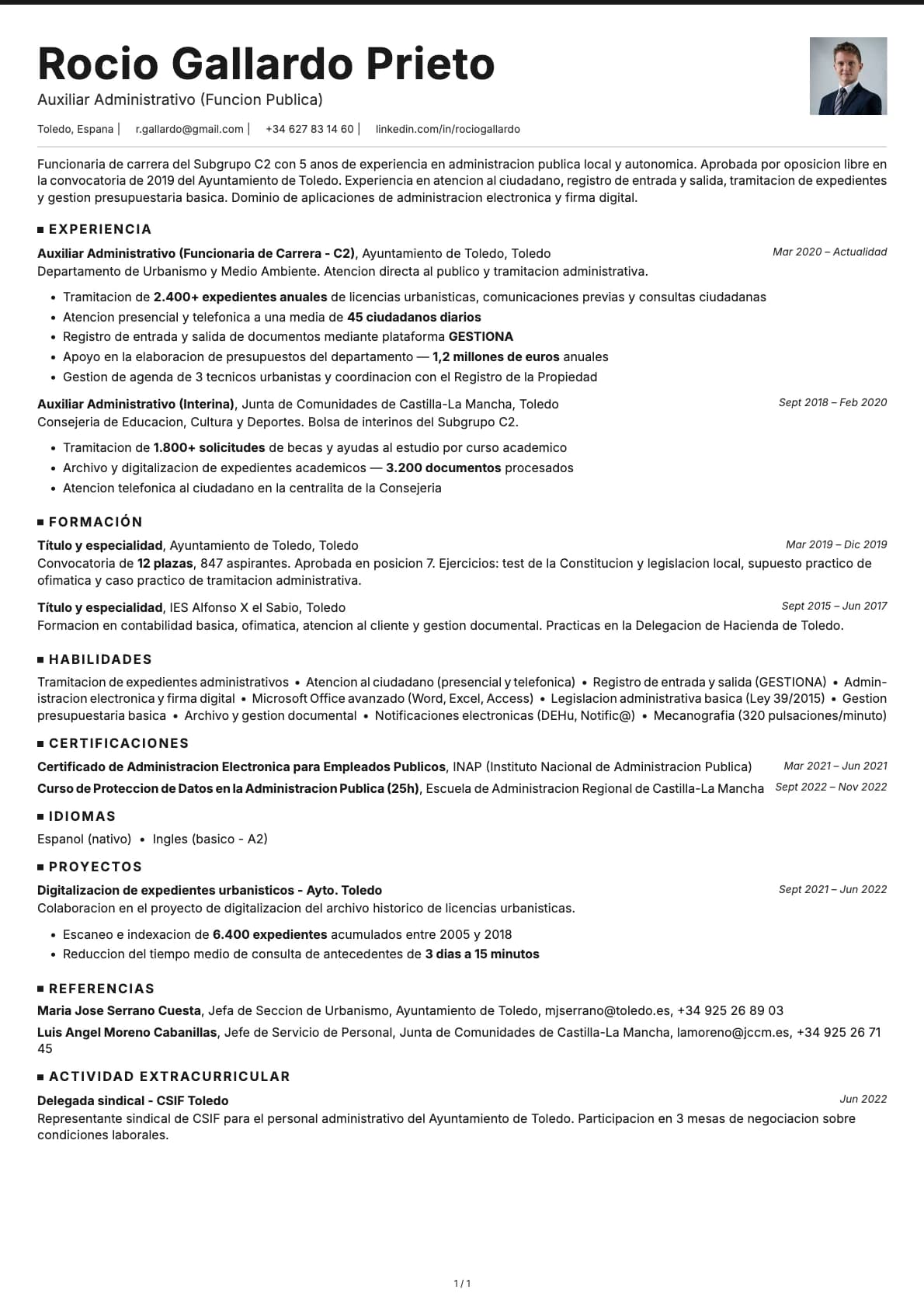 Auxiliar Administrativo (Función Pública) resume example