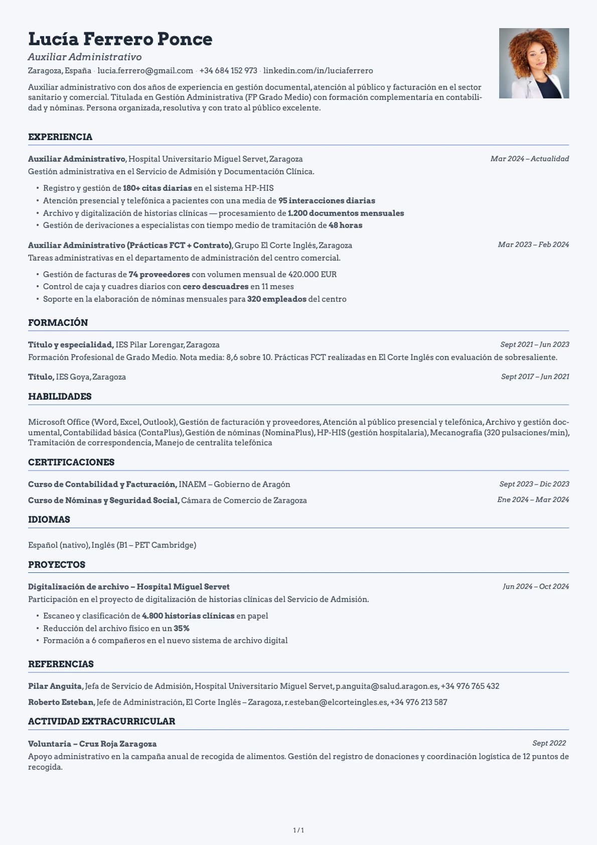 Auxiliar Administrativo resume example