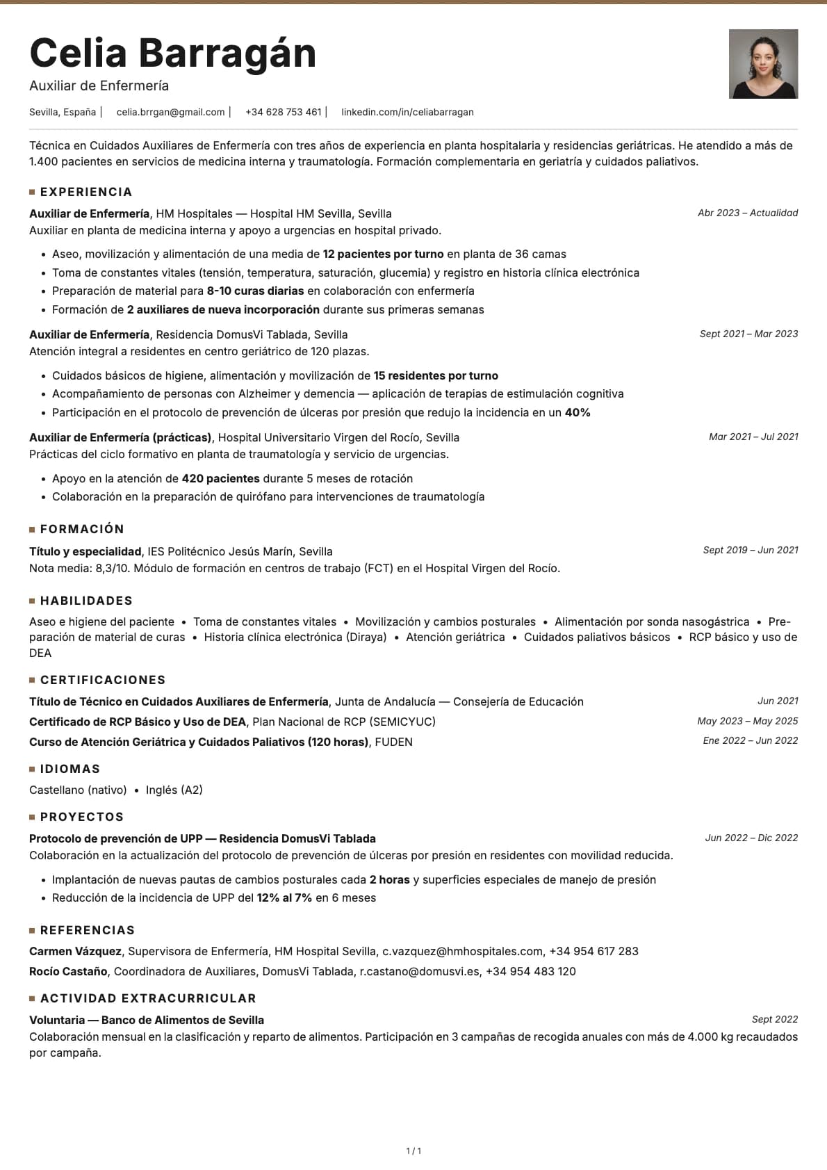 Auxiliar de Enfermería resume example