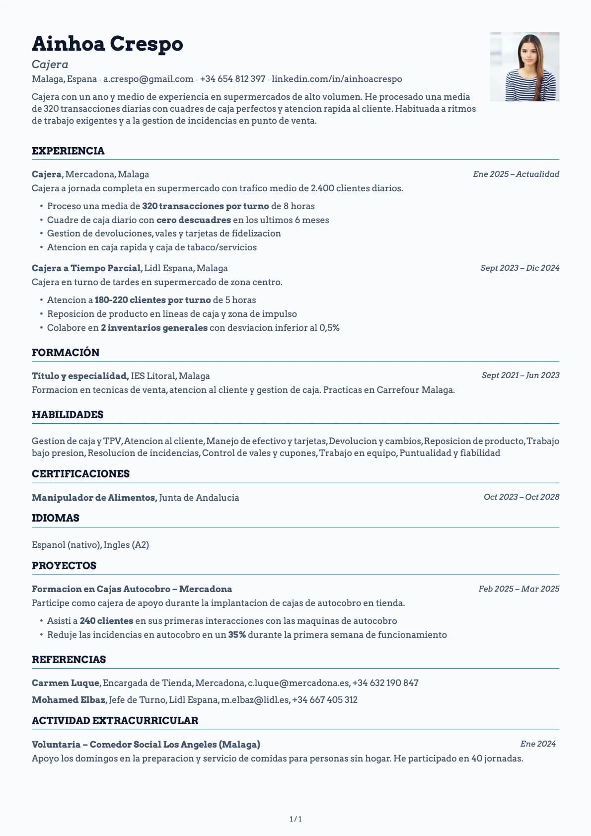 Cajero/a resume example