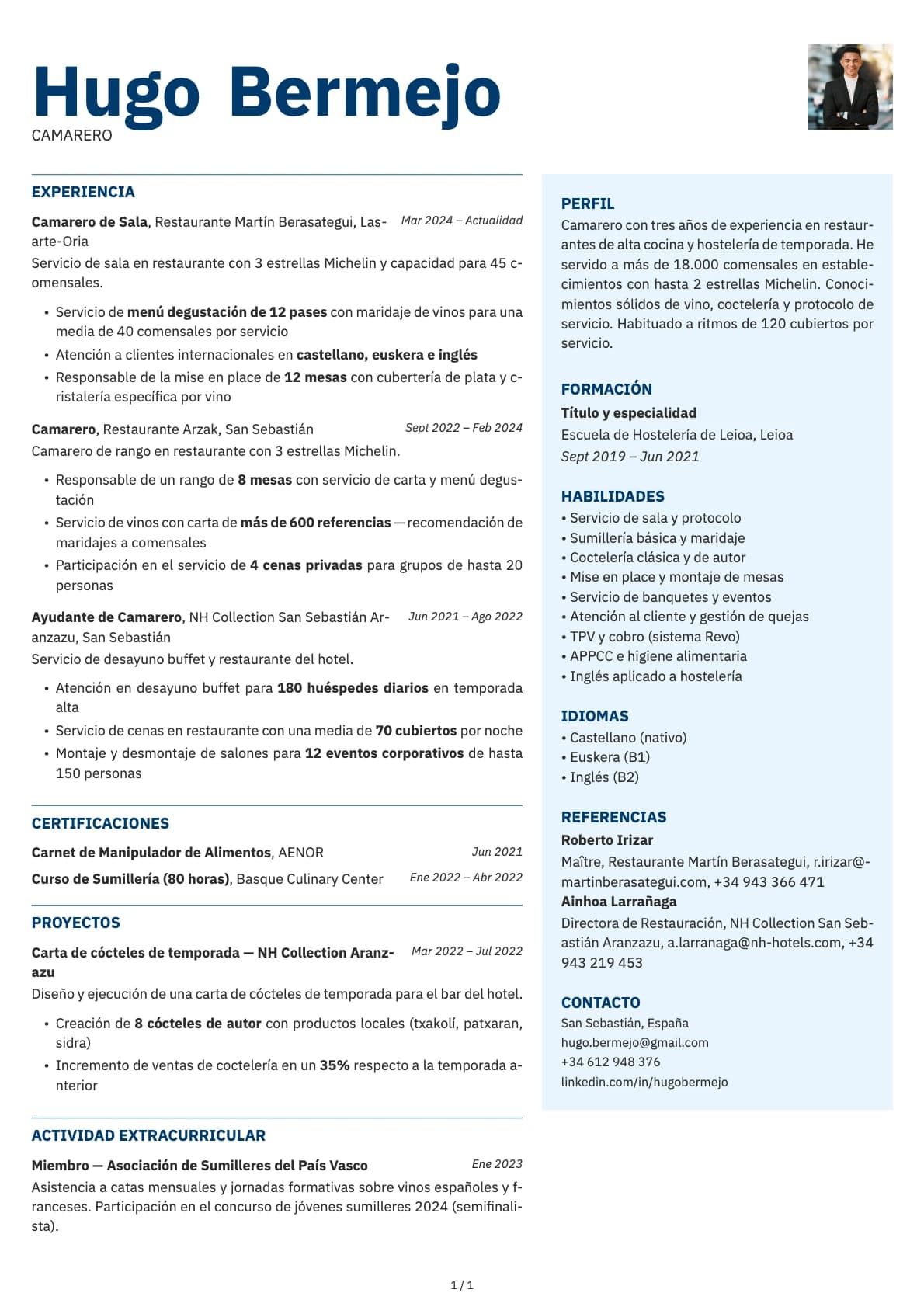 Camarero/a resume example