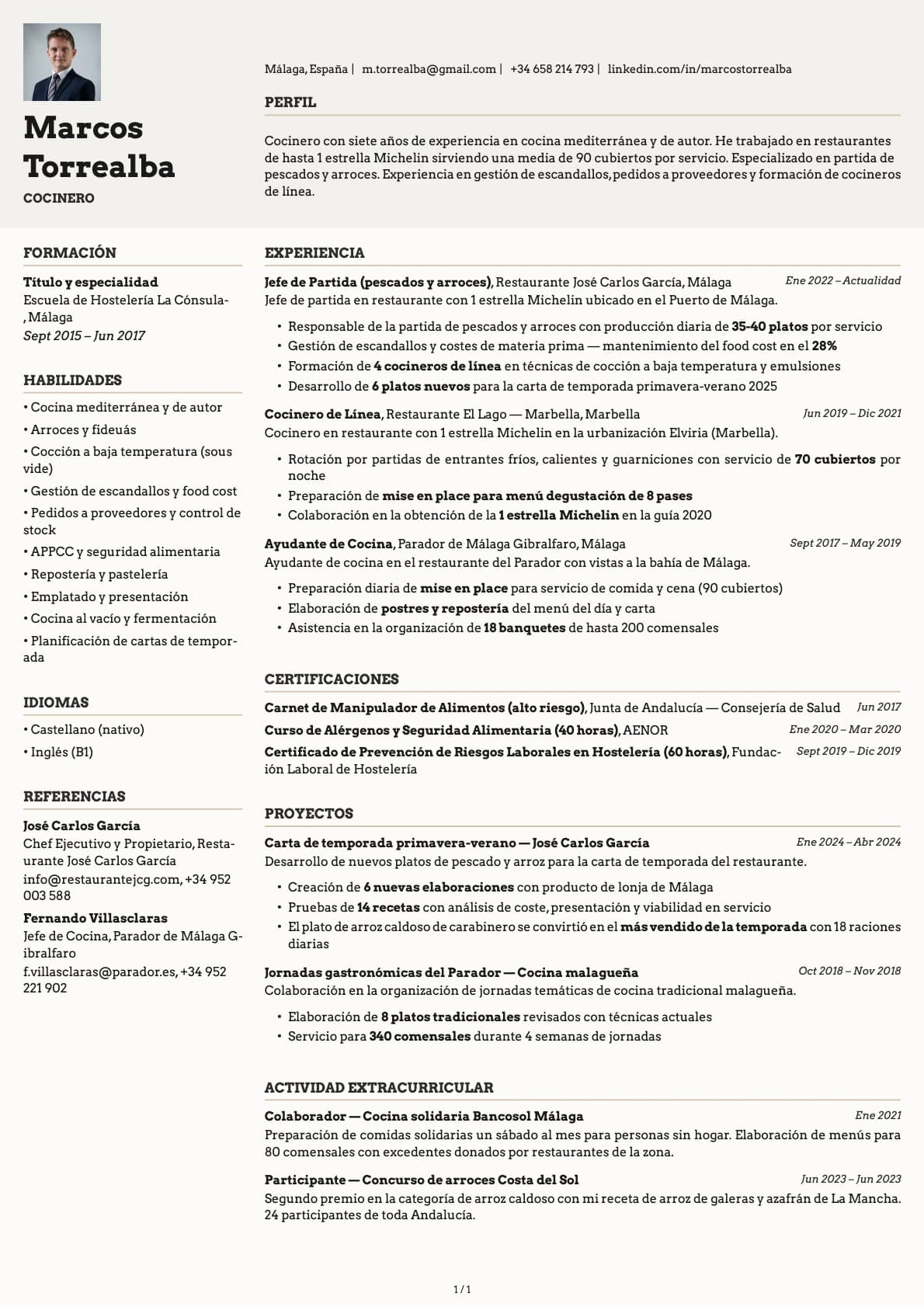 Cocinero/a resume example