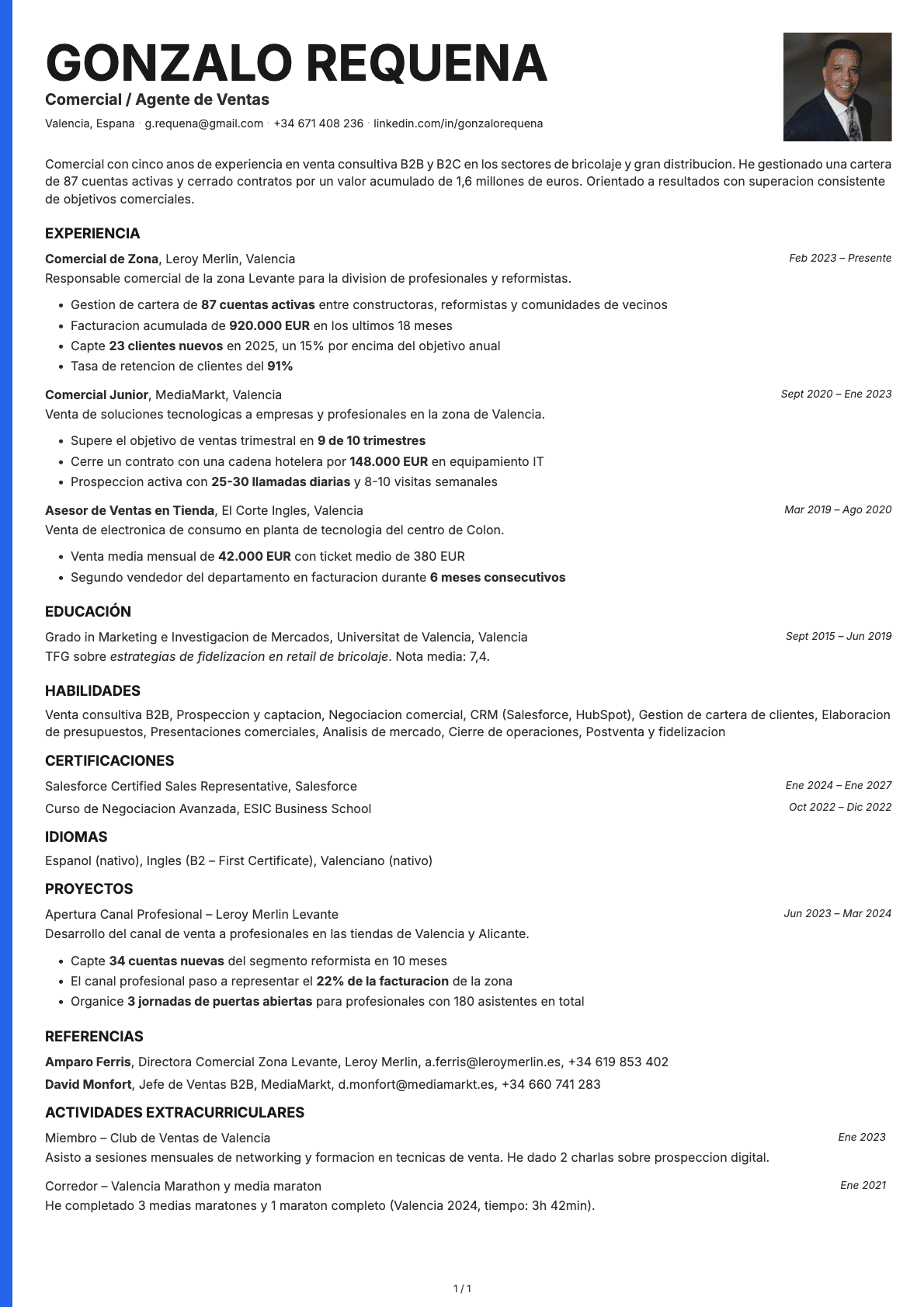 Comercial / Agente de Ventas resume example