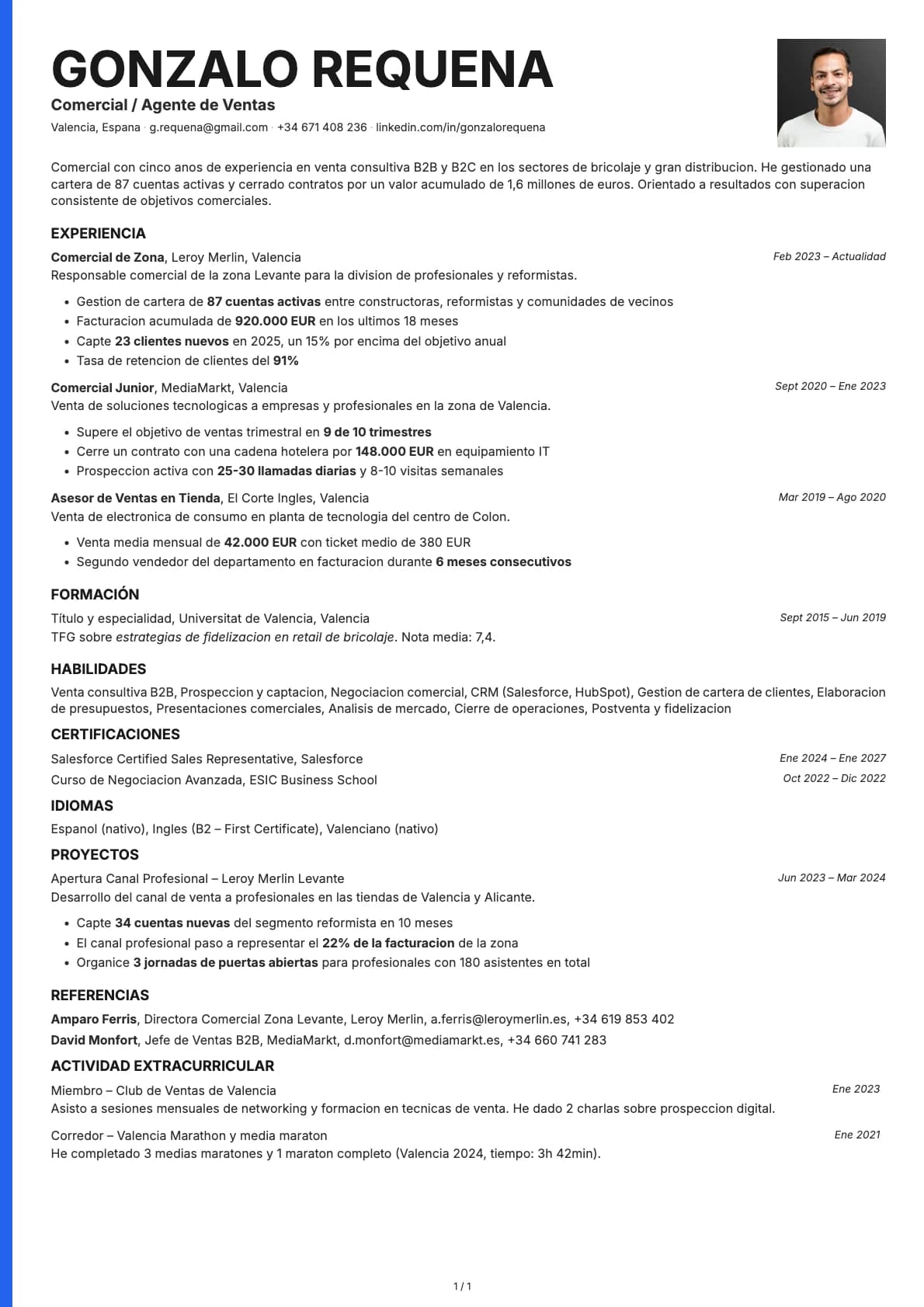 Comercial / Agente de Ventas resume example