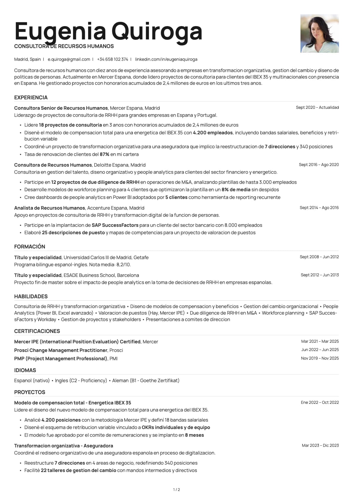 Consultor de Recursos Humanos resume example