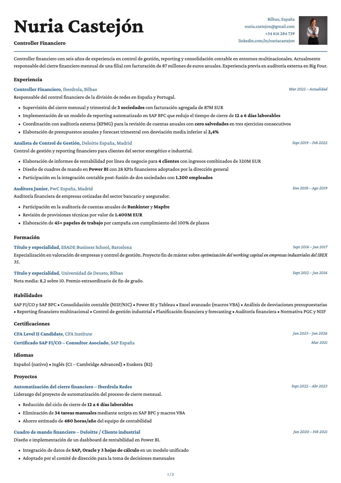 Controller Financiero resume example