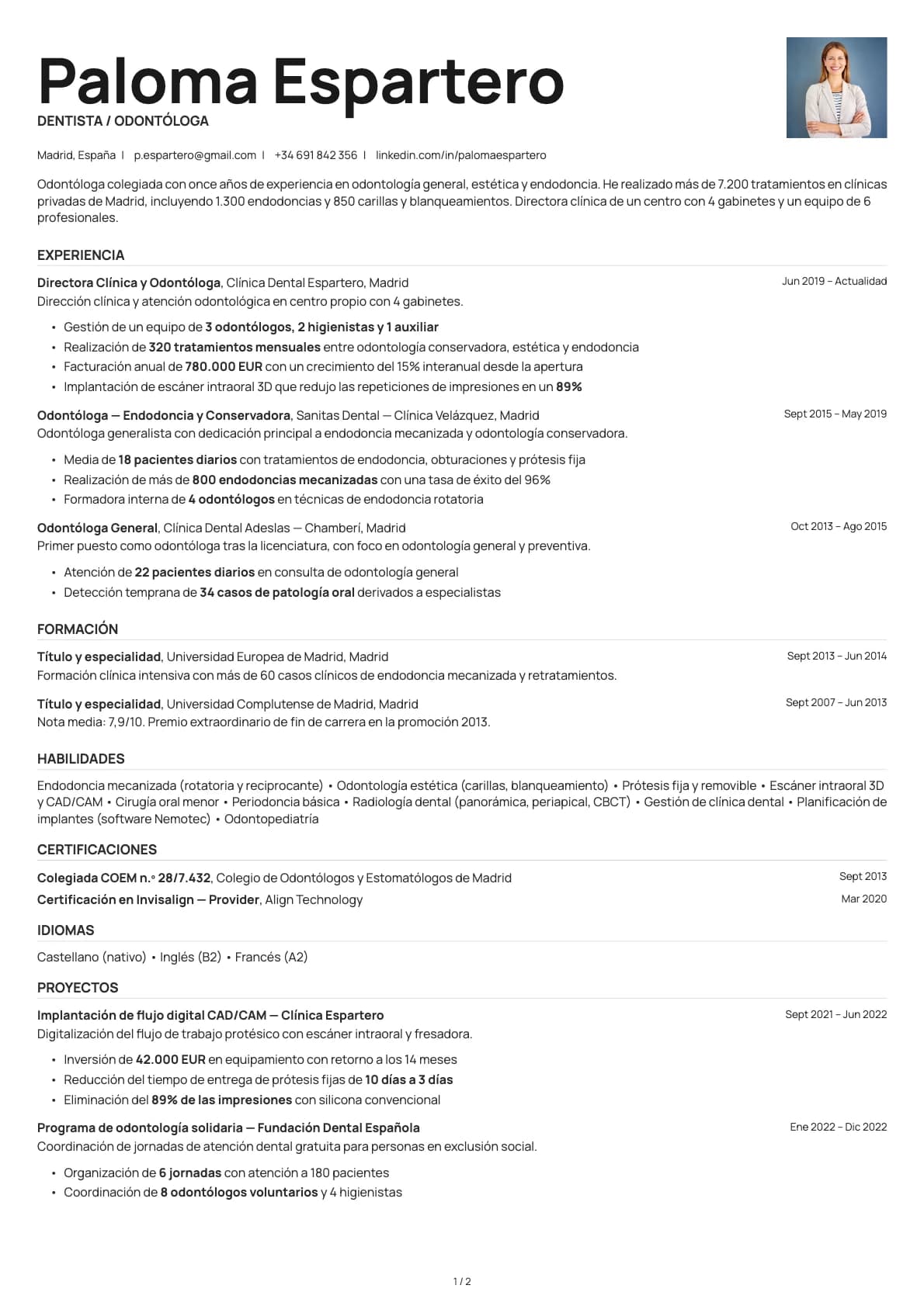Dentista / Odontólogo resume example