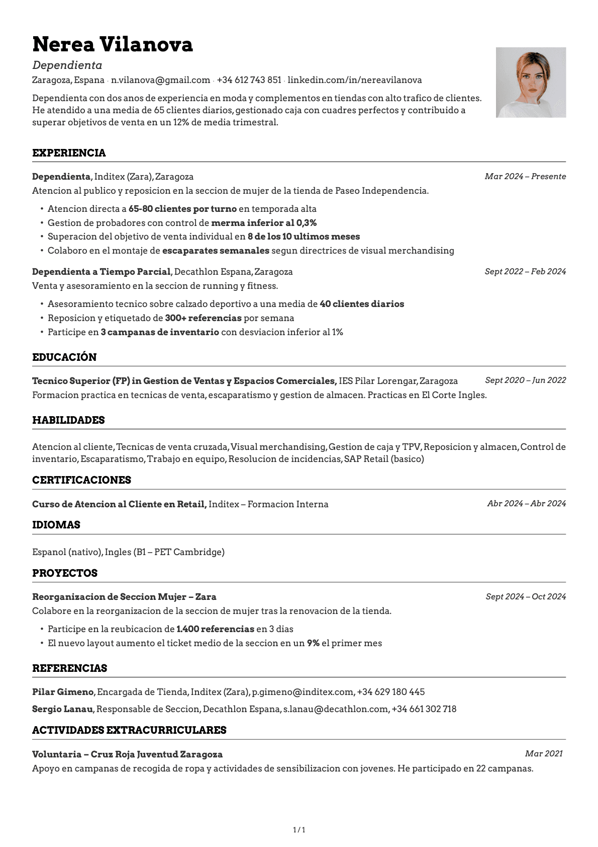 Dependiente/a resume example