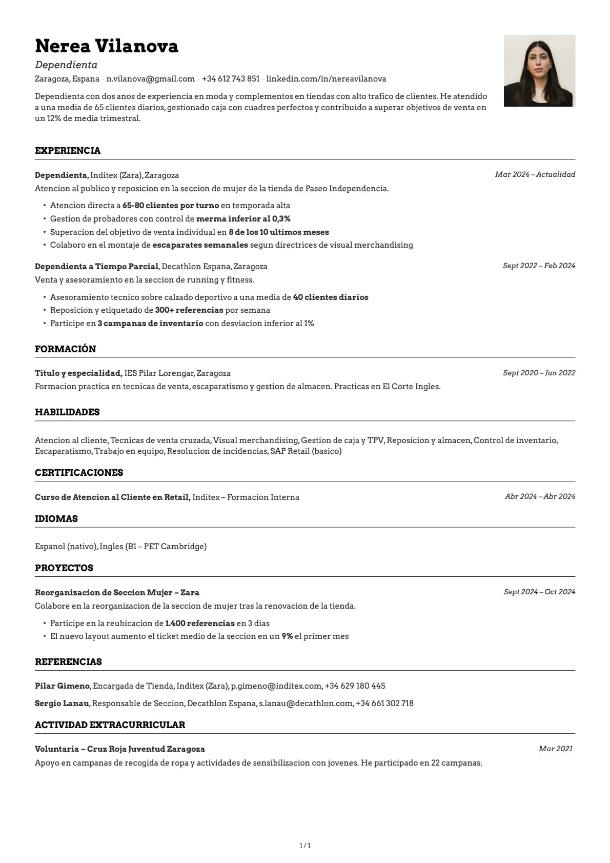 Dependiente/a resume example