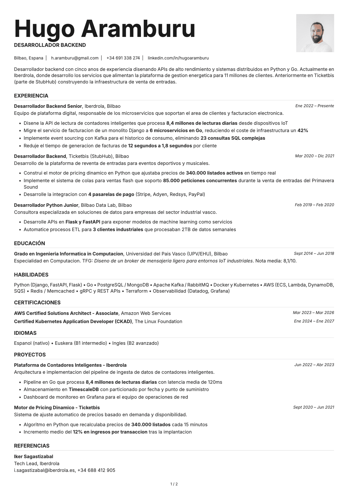 Desarrollador Backend resume example