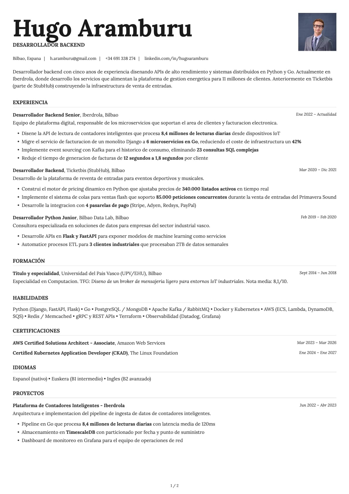 Desarrollador Backend resume example