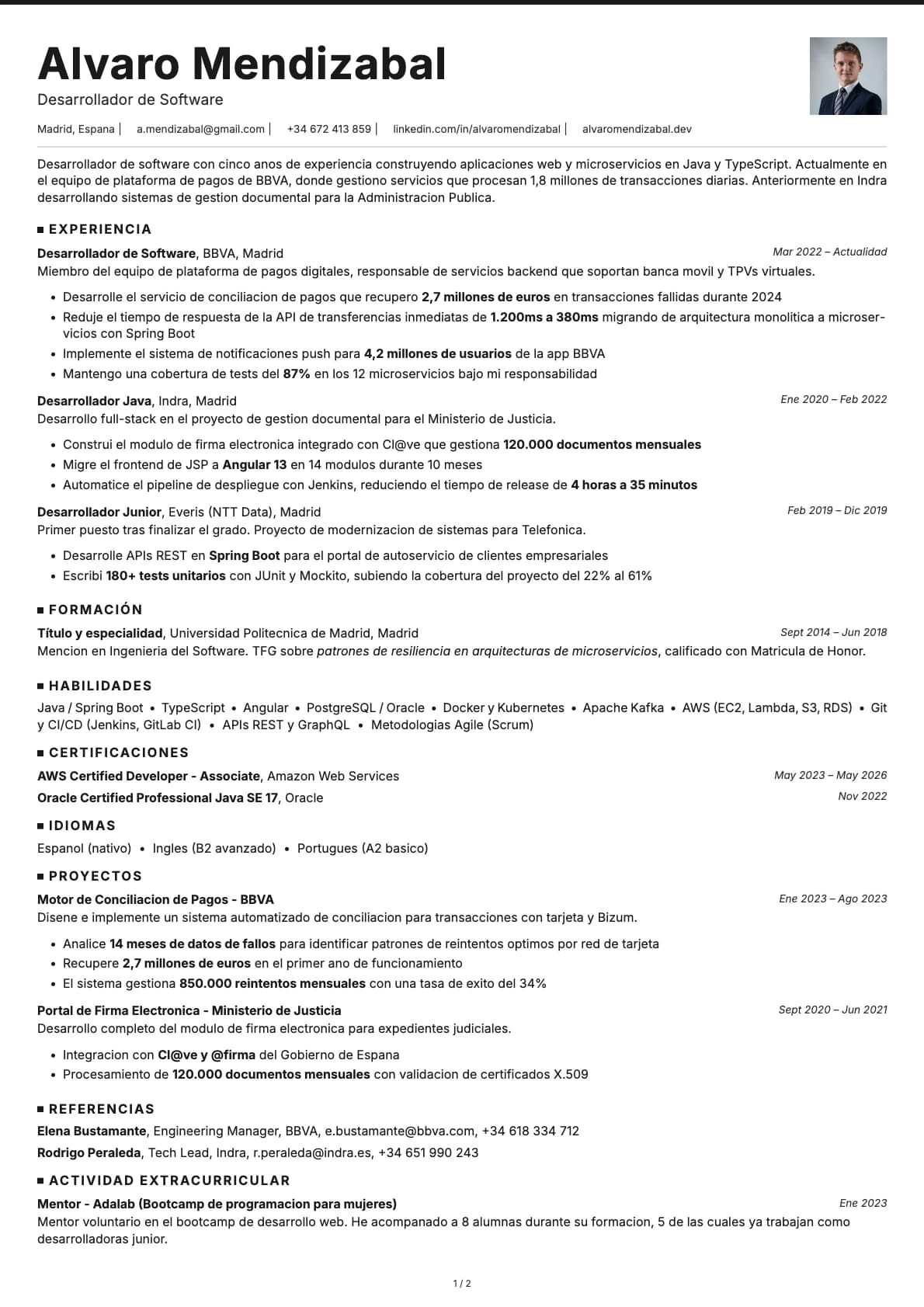 Desarrollador de Software resume example