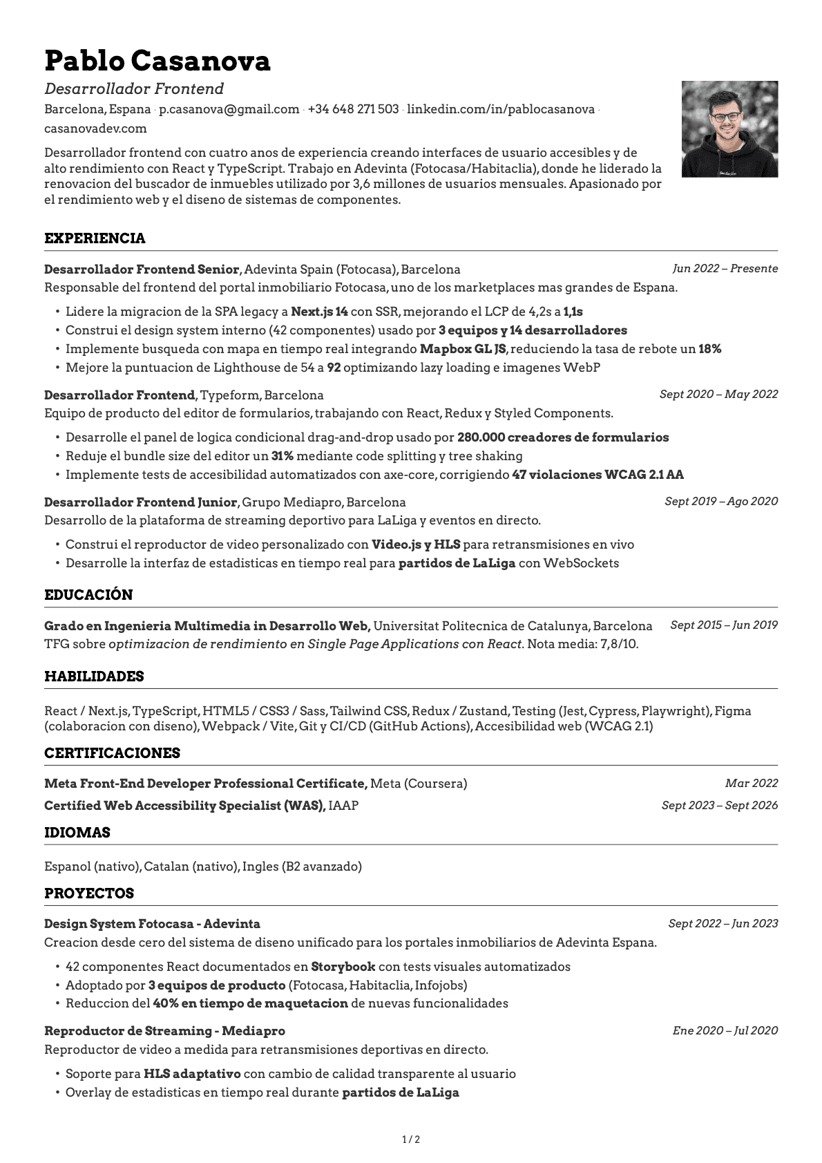 Desarrollador Frontend resume example