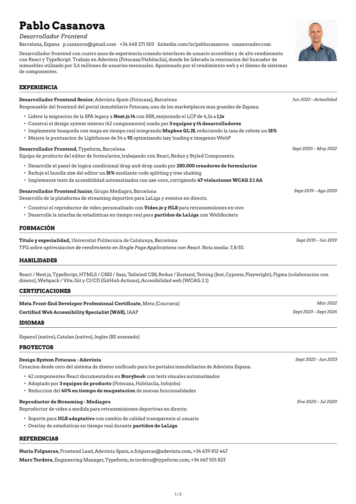 Desarrollador Frontend resume example