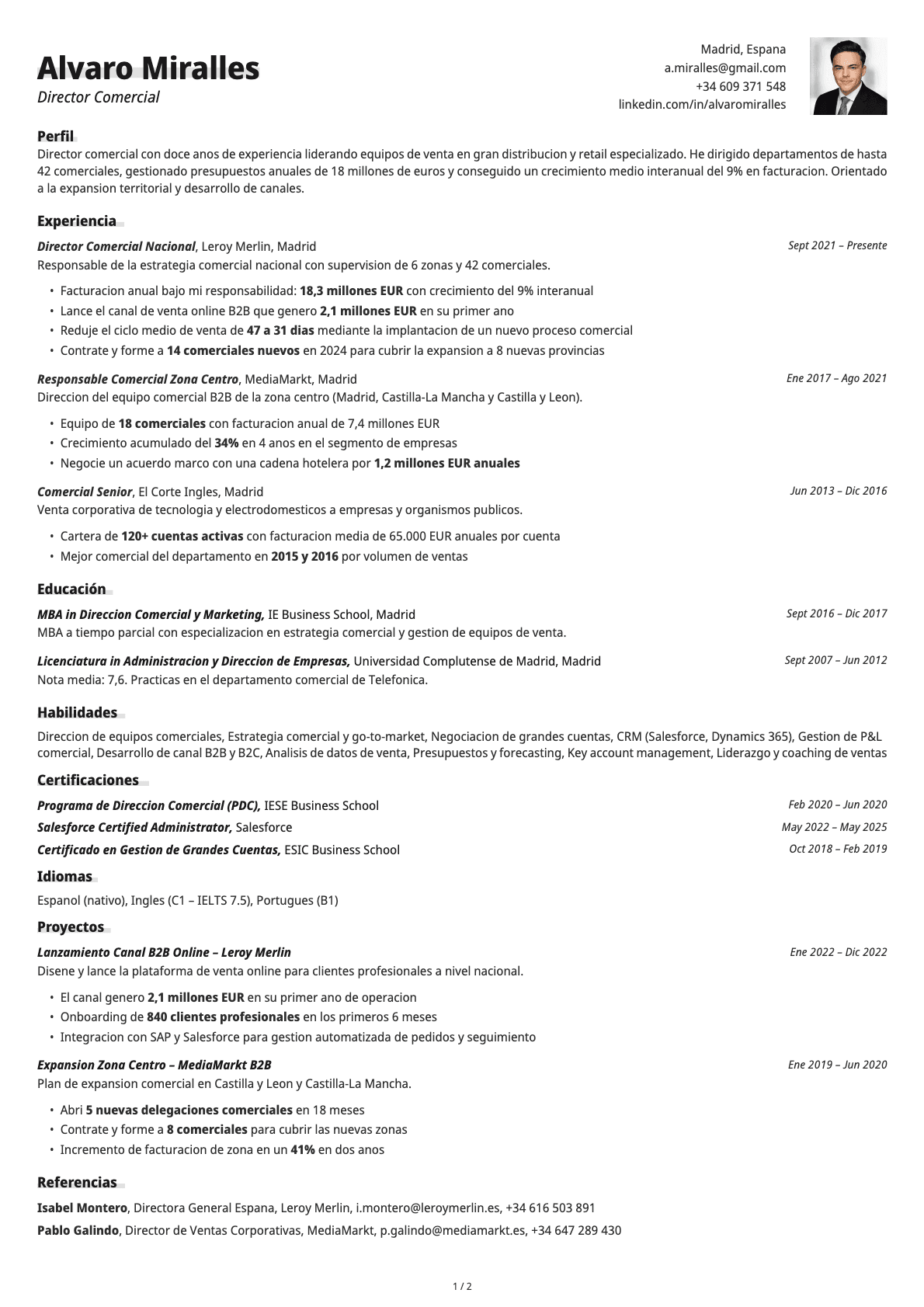 Director Comercial resume example