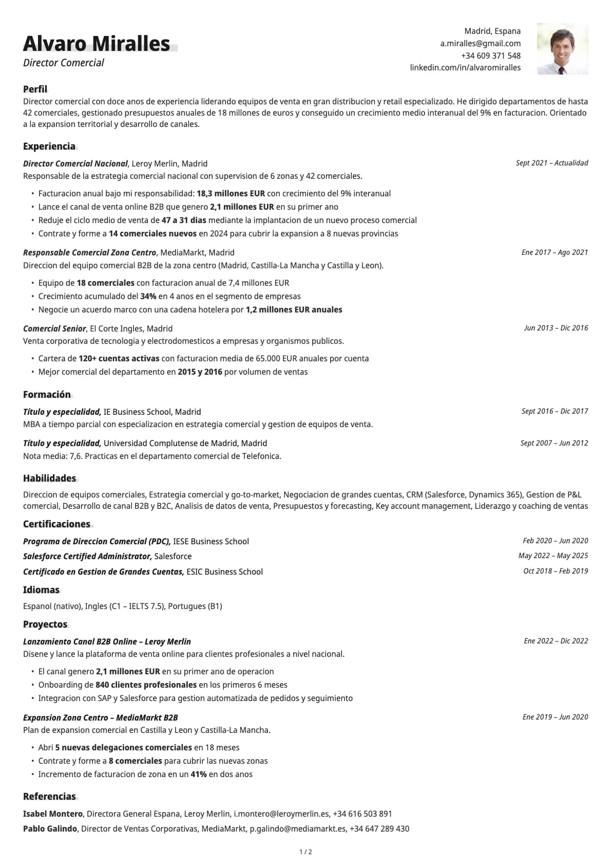 Director Comercial resume example