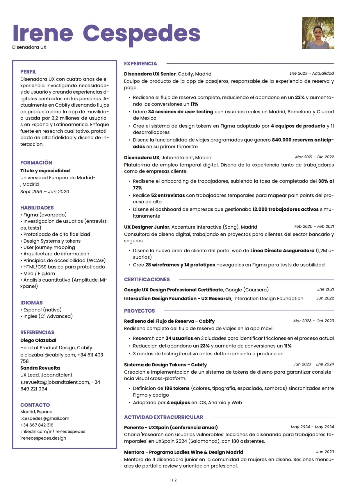 Diseñador UX resume example