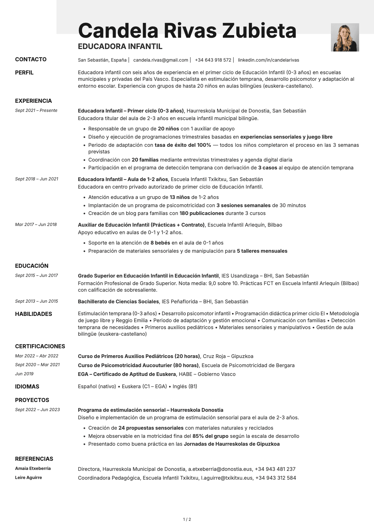 Educador/a Infantil resume example