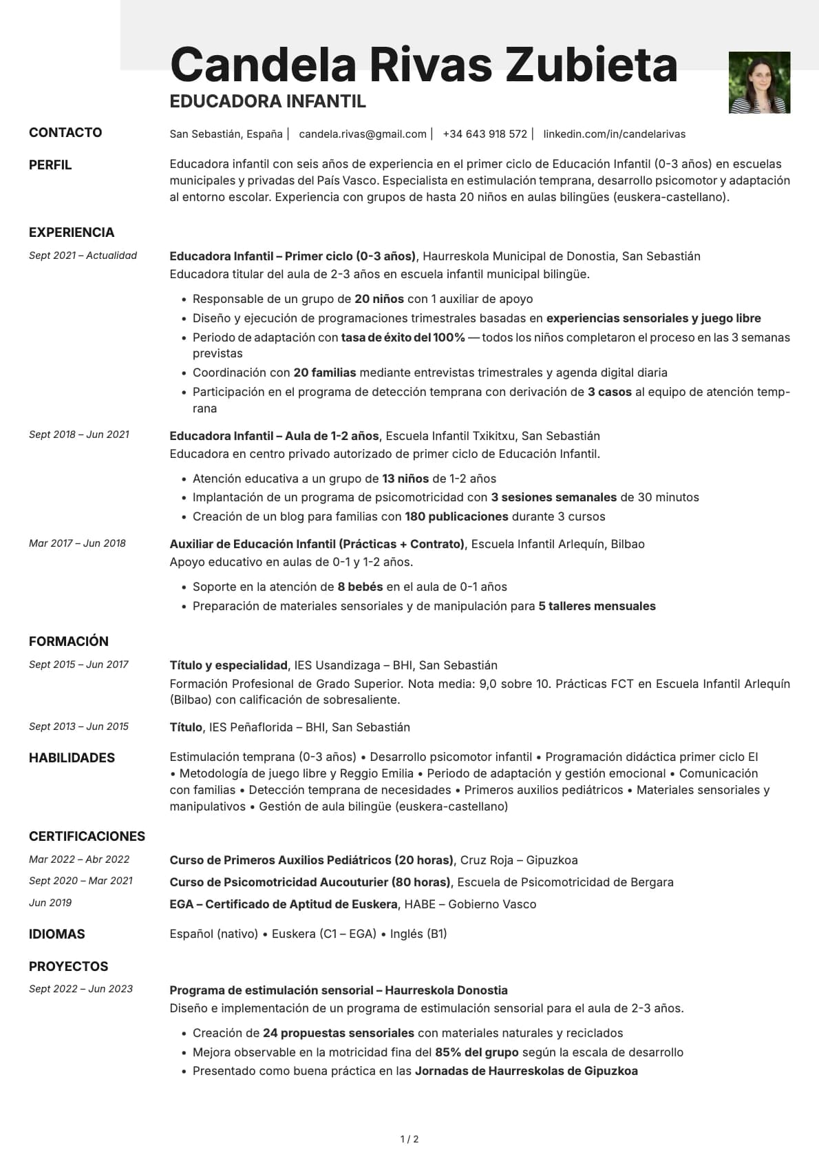 Educador/a Infantil resume example