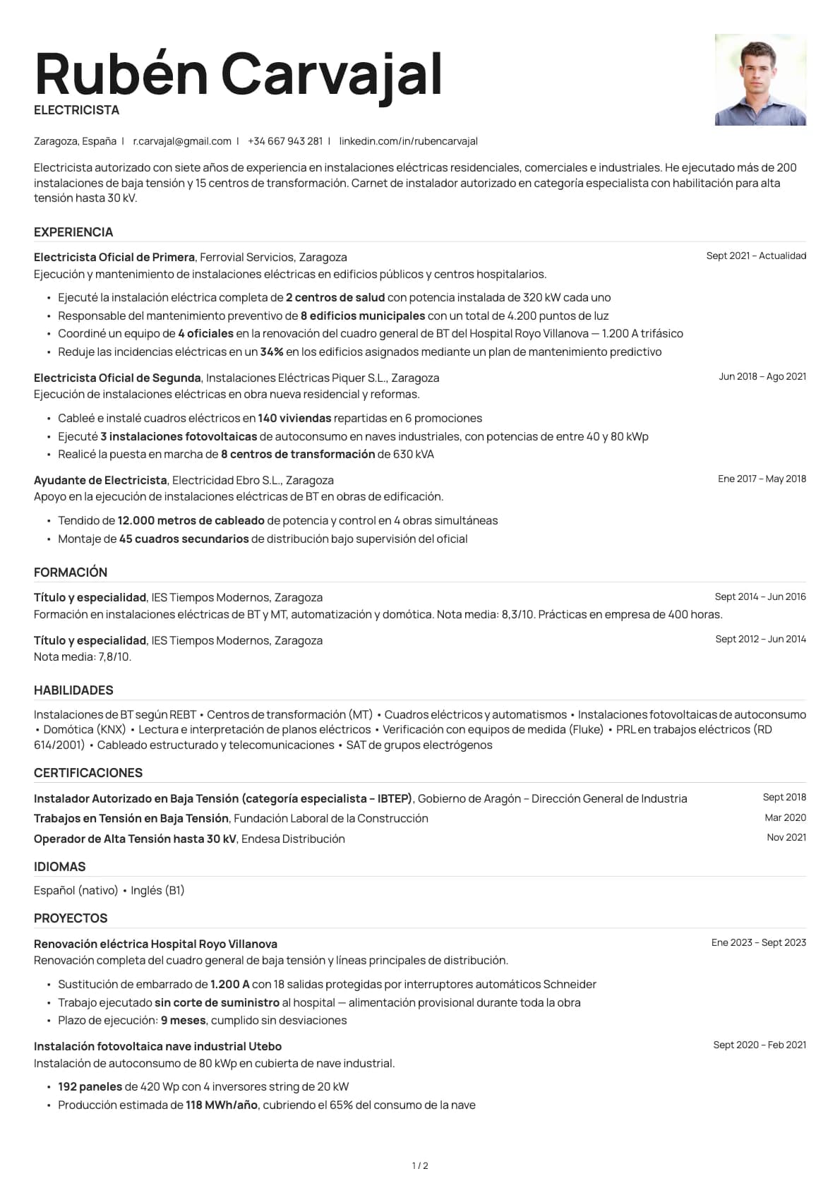 Electricista resume example