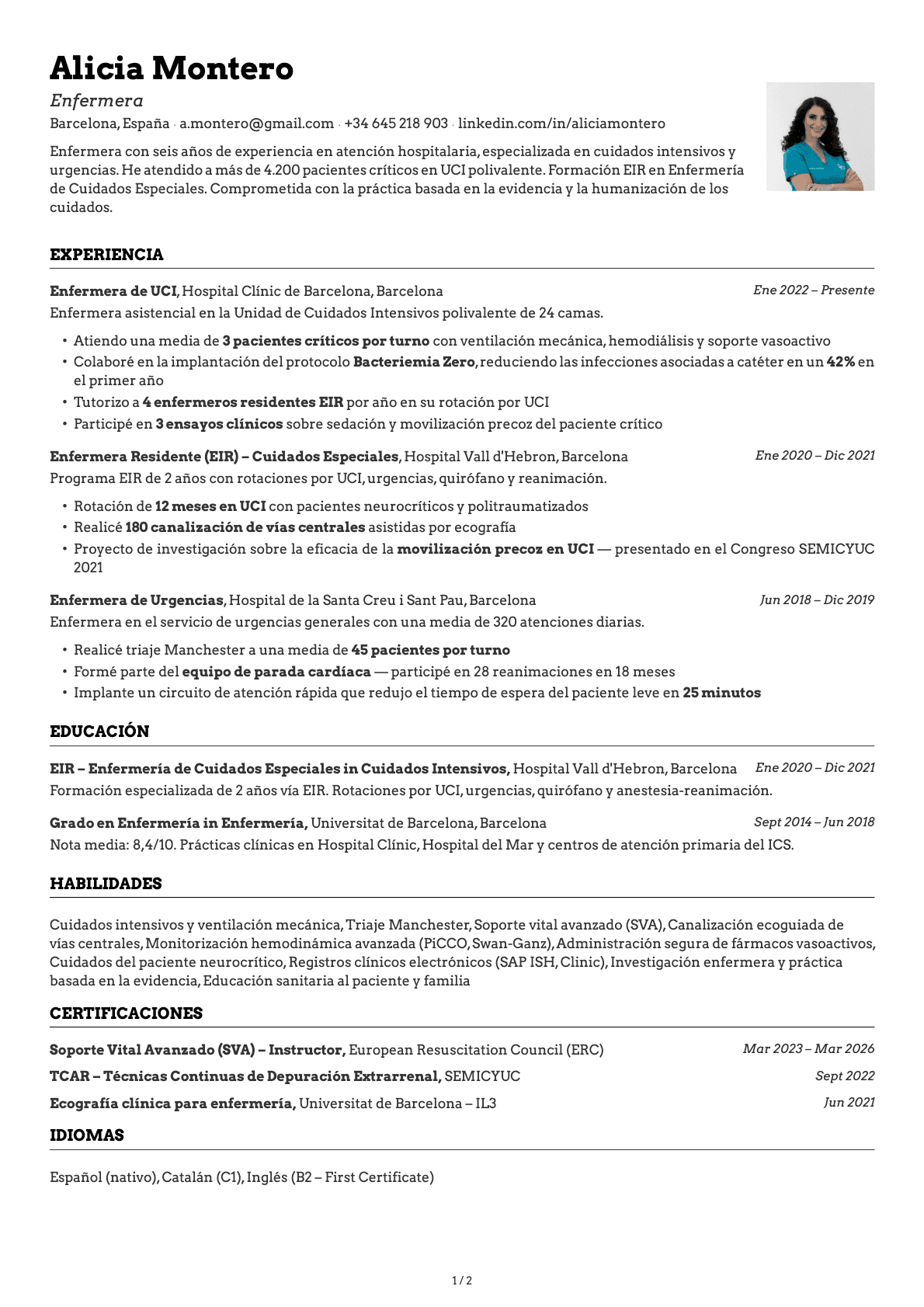 Enfermero/a resume example