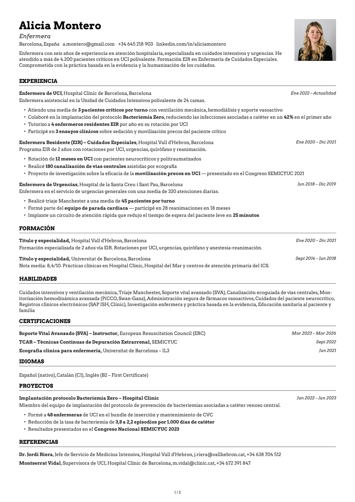 Enfermero/a resume example