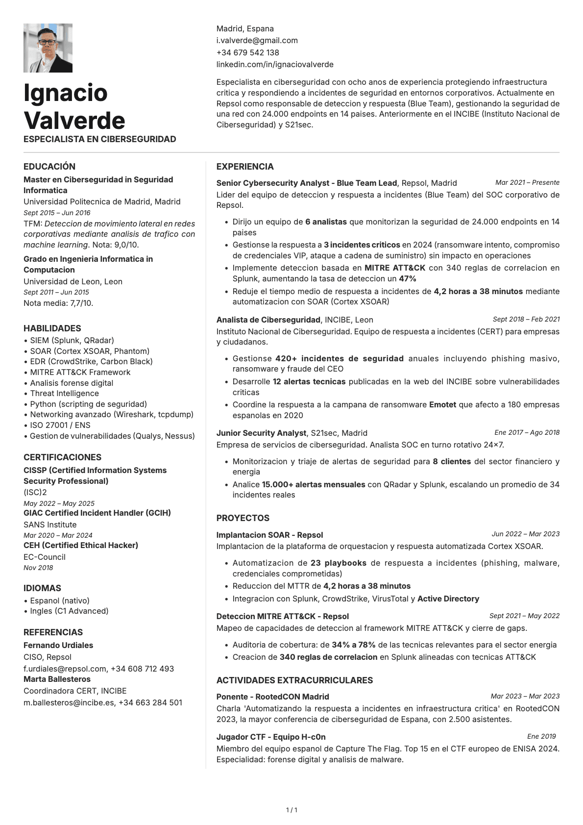 Especialista en Ciberseguridad resume example