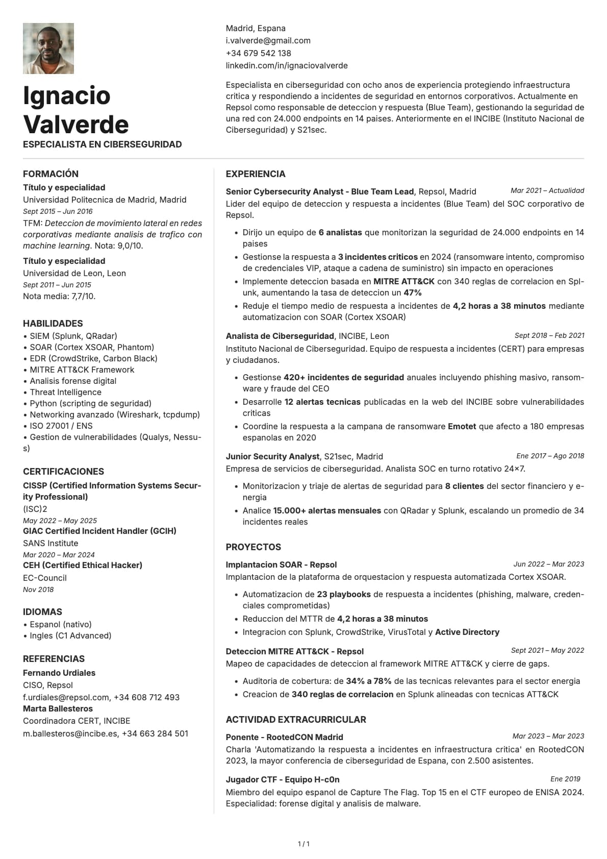 Especialista en Ciberseguridad resume example