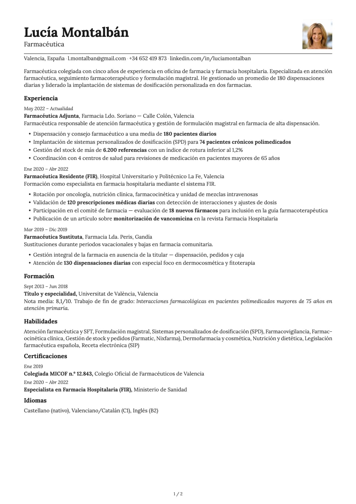 Farmacéutico resume example
