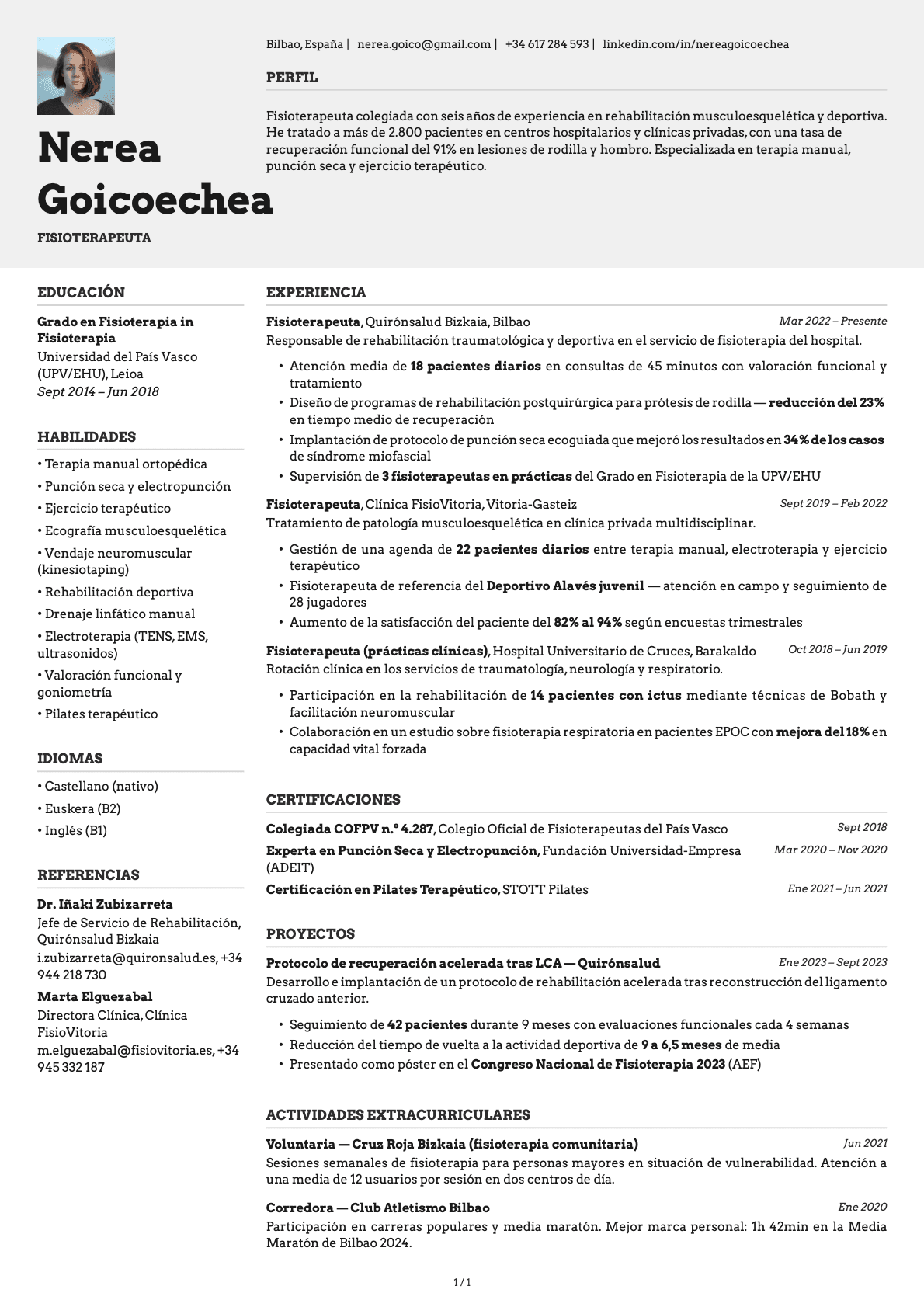 Fisioterapeuta resume example