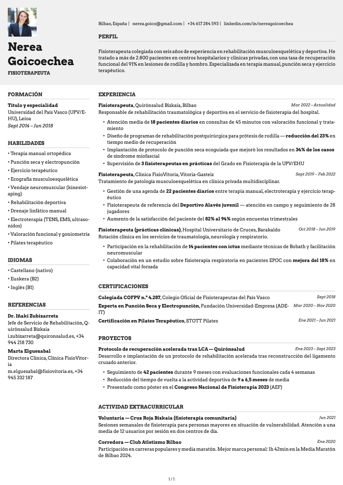 Fisioterapeuta resume example